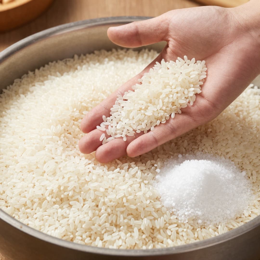 手に持っているのは川瀬糀店によって製造された国産コシヒカリと20年以上の研究の結果で川瀬糀店と一番相性が良いとされた食塩です。